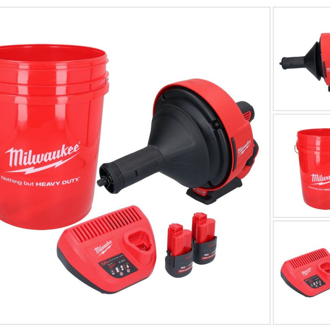 Limpiador de tuberías a batería Milwaukee M12 BDC8-252C 12 V + 2x baterías 2,5 Ah + cargador + espiral + cubo