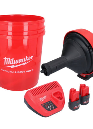 Milwaukee M12 BDC8-252C Akku Rohrreinigungsgerät 12 V + 2x Akku 2,5 Ah + Ladegerät + Spirale + Eimer