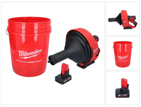 Milwaukee M12 BDC8-401C Akku Rohrreinigungsgerät 12 V + 1x Akku 4,0 Ah + Spirale + Eimer - ohne Ladegerät