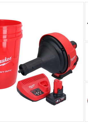 Milwaukee M12 BDC8-401C Akumulatorowy udrażniacz do rur 12 V + 1x akumulator 4,0 Ah + ładowarka + spirala + wiadro