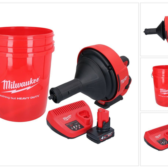 Limpiador de tuberías a batería Milwaukee M12 BDC8-401C 12 V + 1x batería 4,0 Ah + cargador + espiral + cubo