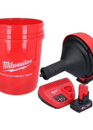 Milwaukee M12 BDC8-401C Akumulatorowy udrażniacz do rur 12 V + 1x akumulator 4,0 Ah + ładowarka + spirala + wiadro