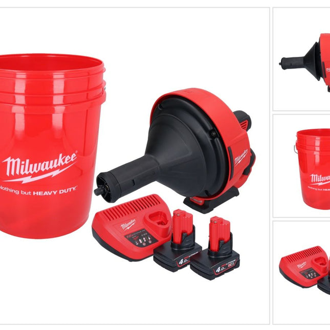 Limpiador de tuberías a batería Milwaukee M12 BDC8-402C 12 V + 2x baterías 4,0 Ah + cargador + espiral + cubo