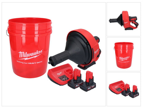 Milwaukee M12 BDC8-402C akumulatorowy udrażniacz rur 12 V + 2x akumulator 4,0 Ah + ładowarka + spirala + wiadro