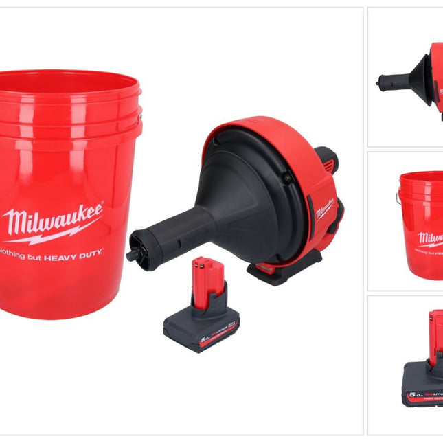 Limpiador de tuberías a batería Milwaukee M12 BDC8-501C 12 V + 1x batería 5,0 Ah + espiral + cubo - sin cargador