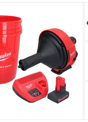 Milwaukee M12 BDC8-501C Akumulatorowa wyciorarka do rur 12 V + 1x akumulator 5,0 Ah + ładowarka + spirala + wiadro