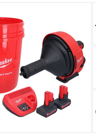 Limpiador de tuberías a batería Milwaukee M12 BDC8-502C 12 V + 2x baterías 5,0 Ah + cargador + espiral + cubo