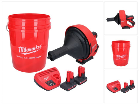 Milwaukee M12 BDC8-502C akumulatorowy udrażniacz do rur 12 V + 2x akumulator 5,0 Ah + ładowarka + spirala + wiadro