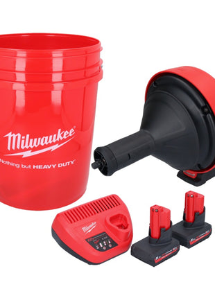 Milwaukee M12 BDC8-502C akumulatorowy udrażniacz do rur 12 V + 2x akumulator 5,0 Ah + ładowarka + spirala + wiadro