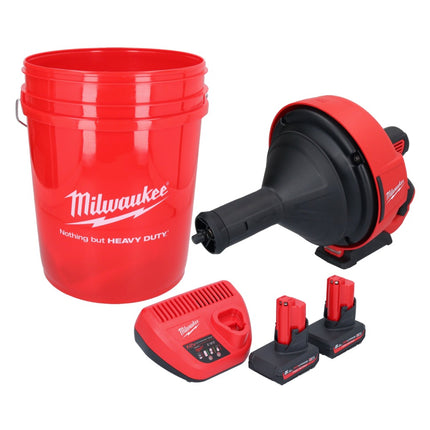 Milwaukee M12 BDC8-502C akumulatorowy udrażniacz do rur 12 V + 2x akumulator 5,0 Ah + ładowarka + spirala + wiadro