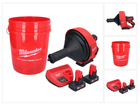 Limpiador de tuberías a batería Milwaukee M12 BDC8-602C 12 V + 2x baterías 6,0 Ah + cargador + espiral + cubo