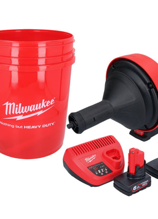 Milwaukee M12 BDC8-602C akumulatorowa wyciorarka do rur 12 V + 2x akumulator 6,0 Ah + ładowarka + spirala + wiadro