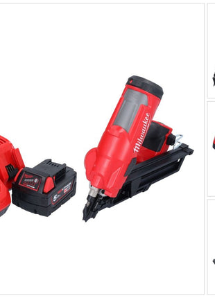 Milwaukee M18 FFN-501 gwoździarka akumulatorowa 18 V 50 - 90 mm bezszczotkowa + 1x akumulator 5,0 Ah + ładowarka