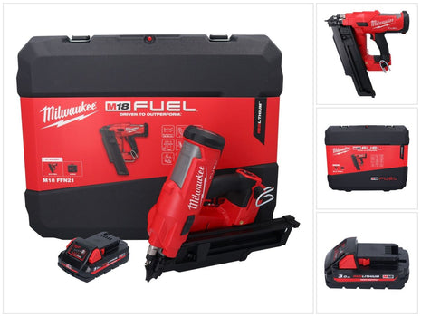 Cloueur à batterie Milwaukee M18 FFN21-301C 18 V 50 - 90 mm sans balais + 1x batterie 3,0 Ah + coffret - sans chargeur