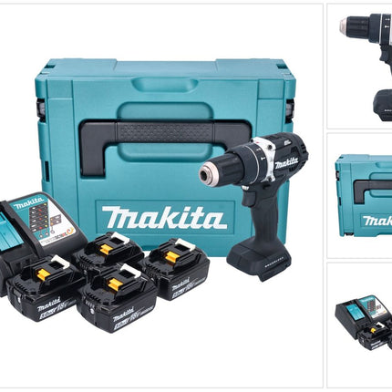 Makita DHP 484 T4JB taladro percutor inalámbrico 18 V 54 Nm sin escobillas negro + 4x baterías 5,0 Ah + cargador + Makpac