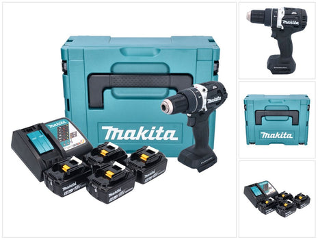 Makita DHP 484 T4JB Akku Schlagbohrschrauber 18 V 54 Nm Brushless schwarz + 4x Akku 5,0 Ah + Ladegerät + Makpac