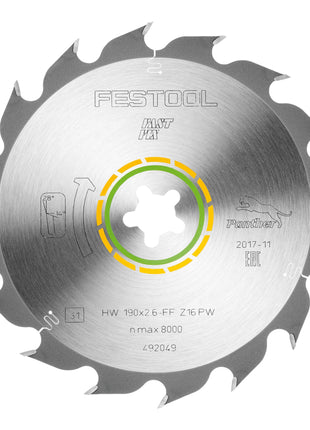 Hoja de sierra circular Festool HW 190x2,6 FF PW16 WOOD RIP CUT (492049) 190 x 2,6 mm 16 dientes para cortes longitudinales en madera maciza siguiendo la veta