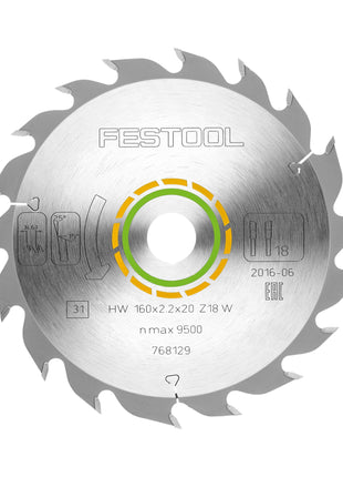 Hoja de sierra circular Festool HW 160x2,2x20 W18 WOOD STANDARD (768129) 160 x 2,2 x 20 mm 18 dientes para todos los materiales de madera, madera maciza, placas de yeso