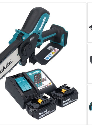 Makita DUC 150 RT201 tronçonneuse à chaîne sans fil 18 V 15 cm Brushless + 2x batterie 5,0 Ah + chargeur