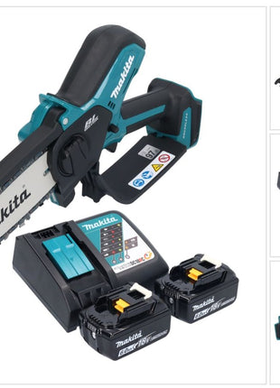 Makita DUC 150 RG201 Tronçonneuse à chaîne sans fil 18 V 15 cm Brushless + 2x batterie 6,0 Ah + chargeur