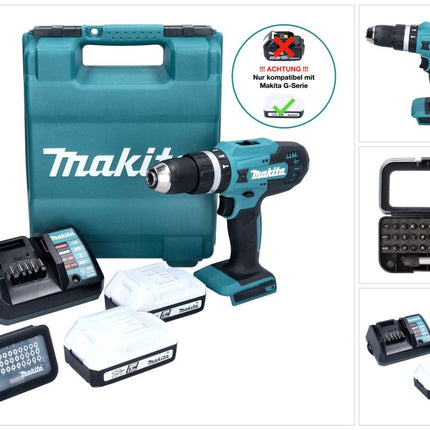 Makita HP 488 D011 Perceuse-visseuse à percussion sans fil 18 V 42 Nm série G + 2x batterie 1,5 Ah + chargeur + 31 pcs. jeu d'embouts + Coffret