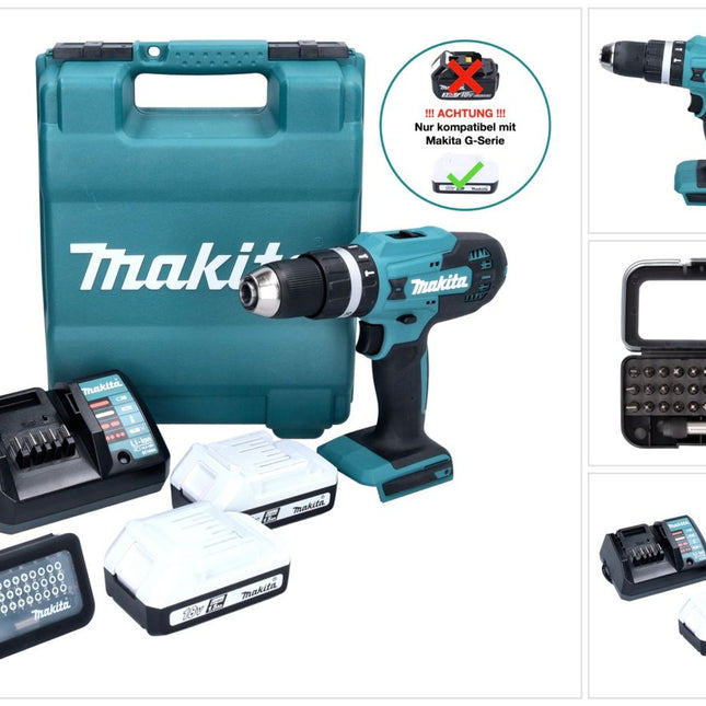 Taladro percutor inalámbrico Makita HP 488 D011 18 V 42 Nm Serie G + 2x baterías 1,5 Ah + cargador + juego de puntas 31 piezas + estuche