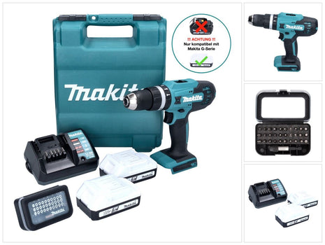 Taladro percutor inalámbrico Makita HP 488 D011 18 V 42 Nm Serie G + 2x baterías 1,5 Ah + cargador + juego de puntas 31 piezas + estuche