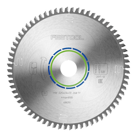 Hoja de sierra circular Festool HW 225x2,6x30 TF68 aluminio/plástico (488291) 225 x 2,6 x 30 mm 68 dientes para aluminio, metales no ferrosos, plásticos, PVC