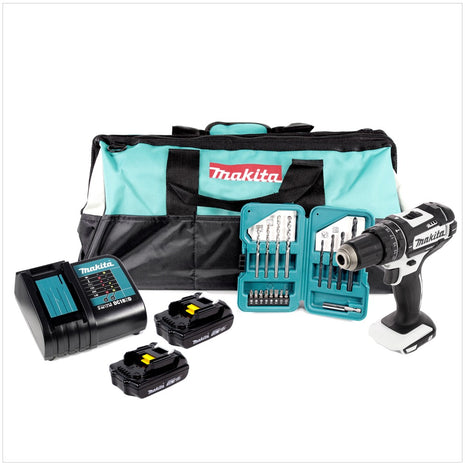 Makita DHP 482 W Akku Schlagbohrschrauber 18 V 62Nm + 2 x 1,5 Ah Akku + Ladegerät + Werkzeugtasche + 17tlg. Bits & Bohrer-Set - Toolbrothers