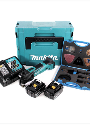 Makita DTM 51 RMJ 18V Li-Ion Akku Multifunktionswerkzeug im Makpac mit 2x 4,0 Ah Akku und Akku Schnellladegerät + Wellcut MT-20 Sägeblätter Klingen - Toolbrothers