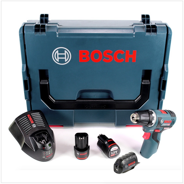 Bosch GSR 12V-20 Professional Akku Bohrschrauber Brushless 20Nm + L-Boxx + 2x Akku 2,5Ah + 1x Ladegerät + 1x GAA 12V USB Adapter - Toolbrothers
