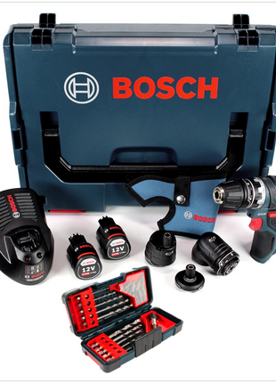 Bosch GSR 12V-15 FC FlexiClick Akku Bohrschrauber + 2 x 2 Ah Akkus + Lader + 3 tlg. Aufsätze - Set in L-Boxx ( 06019F6000 ) + Bosch Bit & Bohrer Set - Toolbrothers