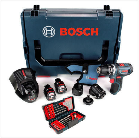 Bosch GSR 12V-15 FC FlexiClick Akku Bohrschrauber + 2 x 2 Ah Akkus + Lader + 3 tlg. Aufsätze - Set in L-Boxx ( 06019F6000 ) + Bosch Bit & Bohrer Set - Toolbrothers