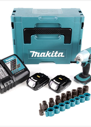 Makita DTW 251 RAJ Akku Schlagschrauber 18 V 230 Nm 1/2" + 2x Akku 2,0 Ah + Ladegerät + 9 tlg. Steckschlüsselsatz + Makpac - Toolbrothers