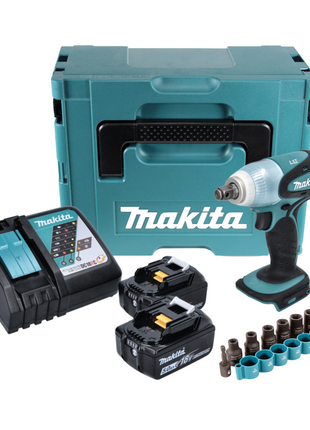 Makita DTW 251 RTJ Akku Schlagschrauber 18 V 230 Nm 1/2" + 2x Akku 5,0 Ah + Ladegerät + 9 tlg. Steckschlüssel Set + Makpac - Toolbrothers