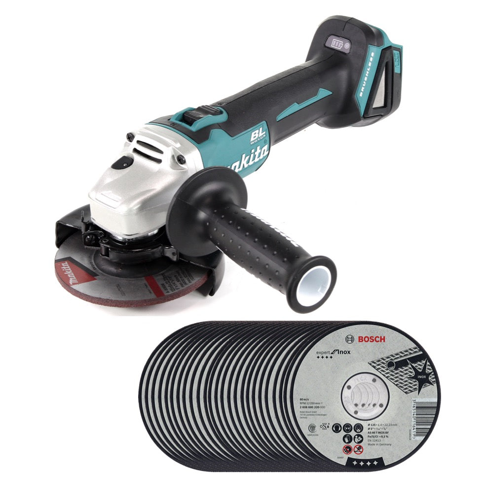 Makita DGA 504 Z Mini-Amoladora inalámbrica 125 mm 18 V ( Sin batería, sin cargador, sin maletín ) + 25x Discos de corte Bosch AS 60 T INOX BF