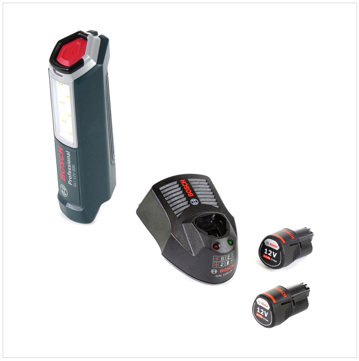 Bosch Professional GLI 12V-300 Lámpara a batería + 2x Batería GBA 12V 3,0 Ah + Cargador GAL 1230 CV
