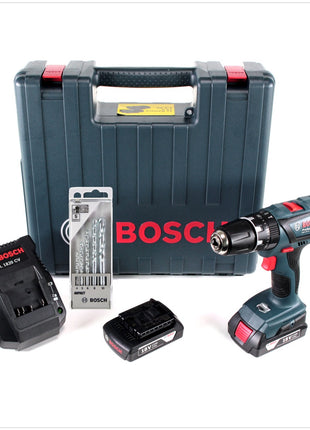 Bosch GSB 18-2-Li Plus Professional 18 V Akku Schlagbohrschrauber mit 2 x 1,5 Ah Akkus + Ladegerät im Koffer + Bosch 5 tlg. Steinbohrer Set Impact 4 - 10 mm - Toolbrothers