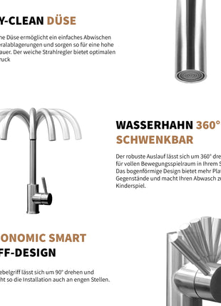 Rosenhahn & Söhne Föhr 200 Küchenarmatur 360° drehbarer Wasserhahn Küche - Armatur Küche [gebürsteter Edelstahl] - 2-fach verstellbare Spültischarmatur + Anschlussschläuche - Toolbrothers