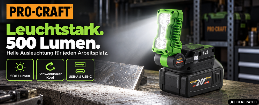 Procraft LL20bb Foco LED recargable 20 V 500 lm + 1 batería 2,0 Ah + cargador