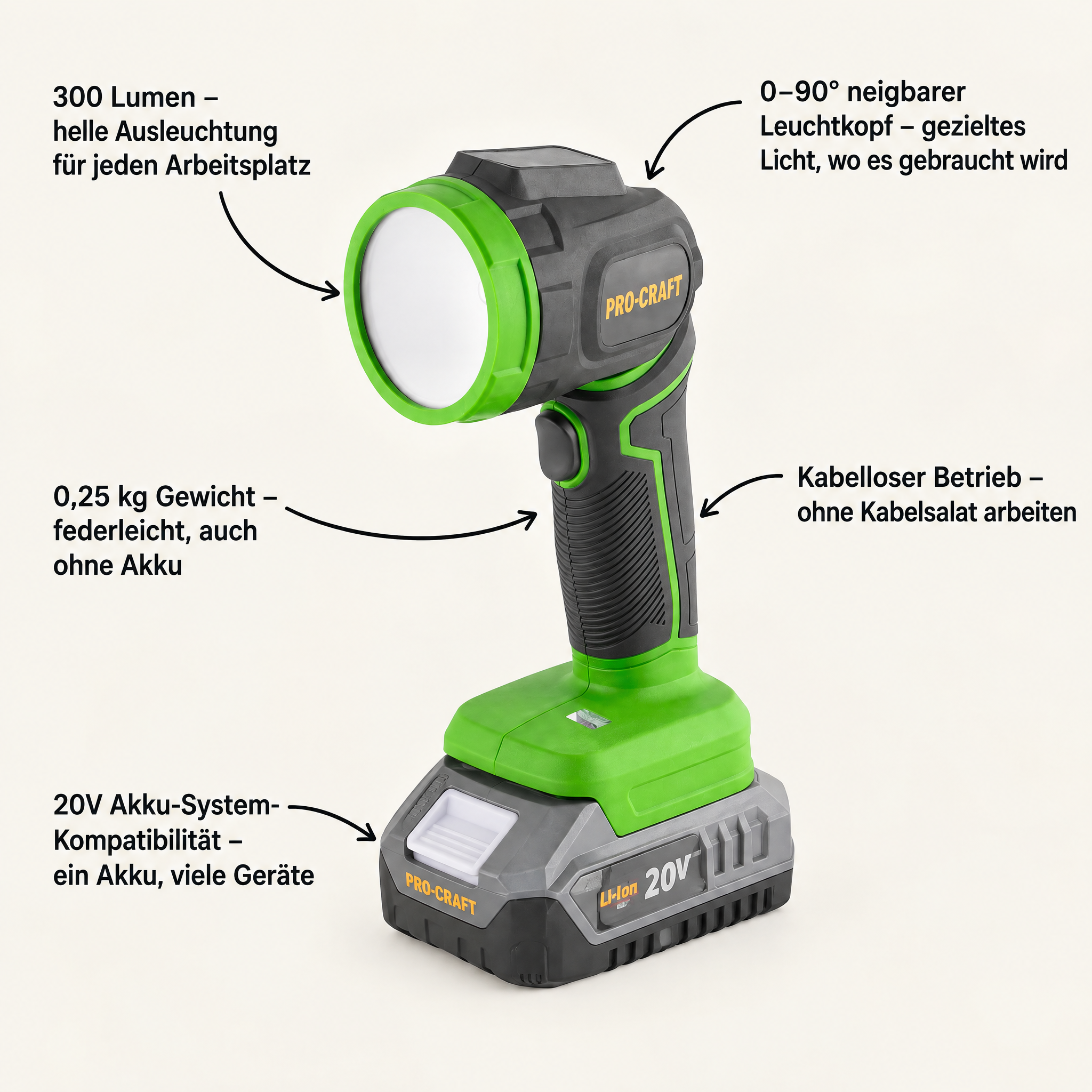 Foco LED recargable Procraft LL18bb 20 V 300 lm + 2 baterías 4,0 Ah + cargador