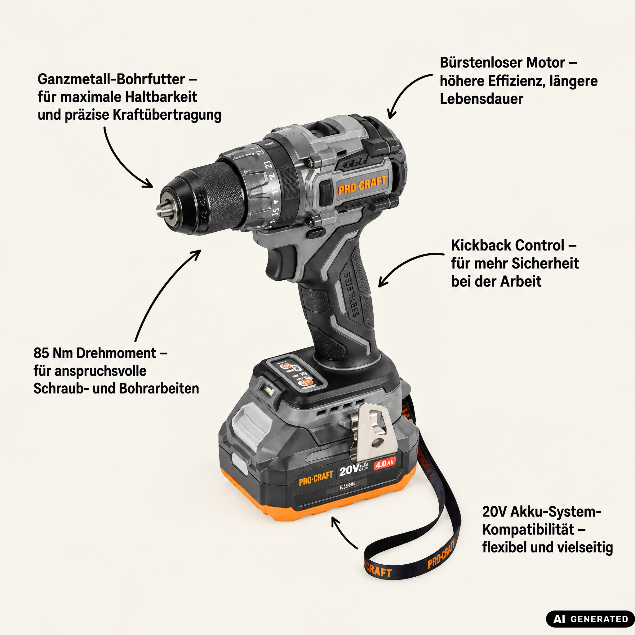 Taladro atornillador a batería Procraft CD20Abb 20 V 85 Nm + 1 batería 4,0 Ah + cargador + maletín RHINO