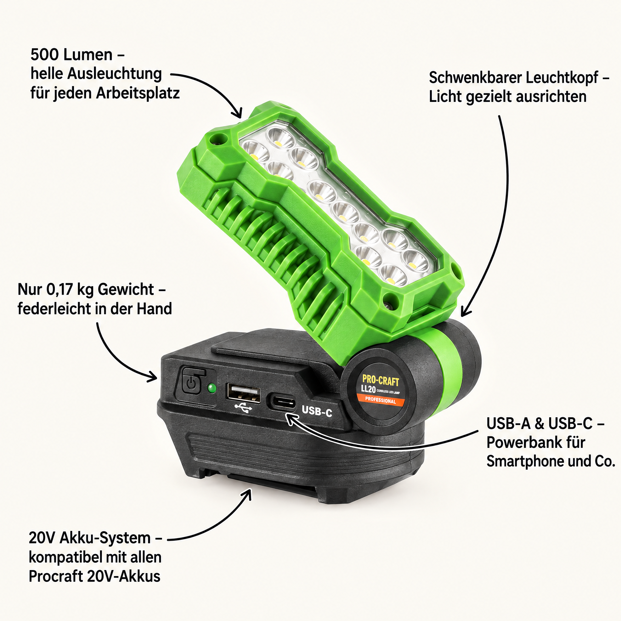 Procraft LL20bb Foco LED recargable 20 V 500 lm + 1 batería 2,0 Ah + cargador