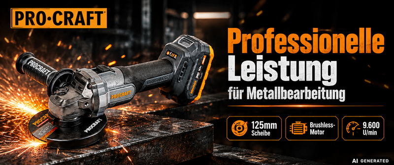 Procraft Industrial AG125Abb Amoladora angular a batería 20 V 125 mm Brushless Solo - sin batería, sin cargador