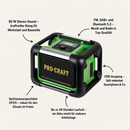 Radio de obra Procraft PJS20bb con batería, 20 V, 80 W, FM, DAB+, Bluetooth, Solo —sin batería ni cargador—