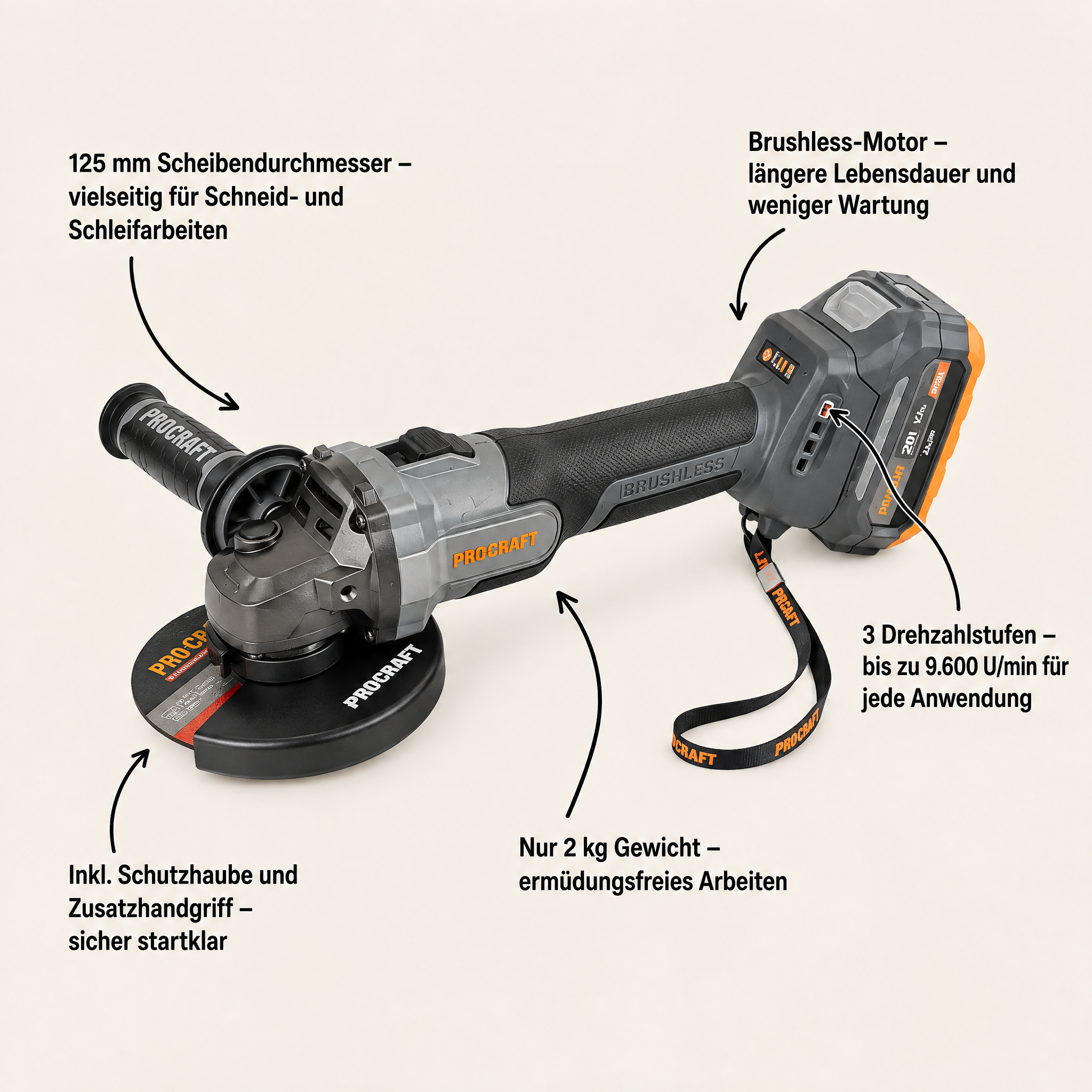 Procraft Industrial AG125Abb Amoladora angular a batería 20 V 125 mm Brushless Solo - sin batería, sin cargador