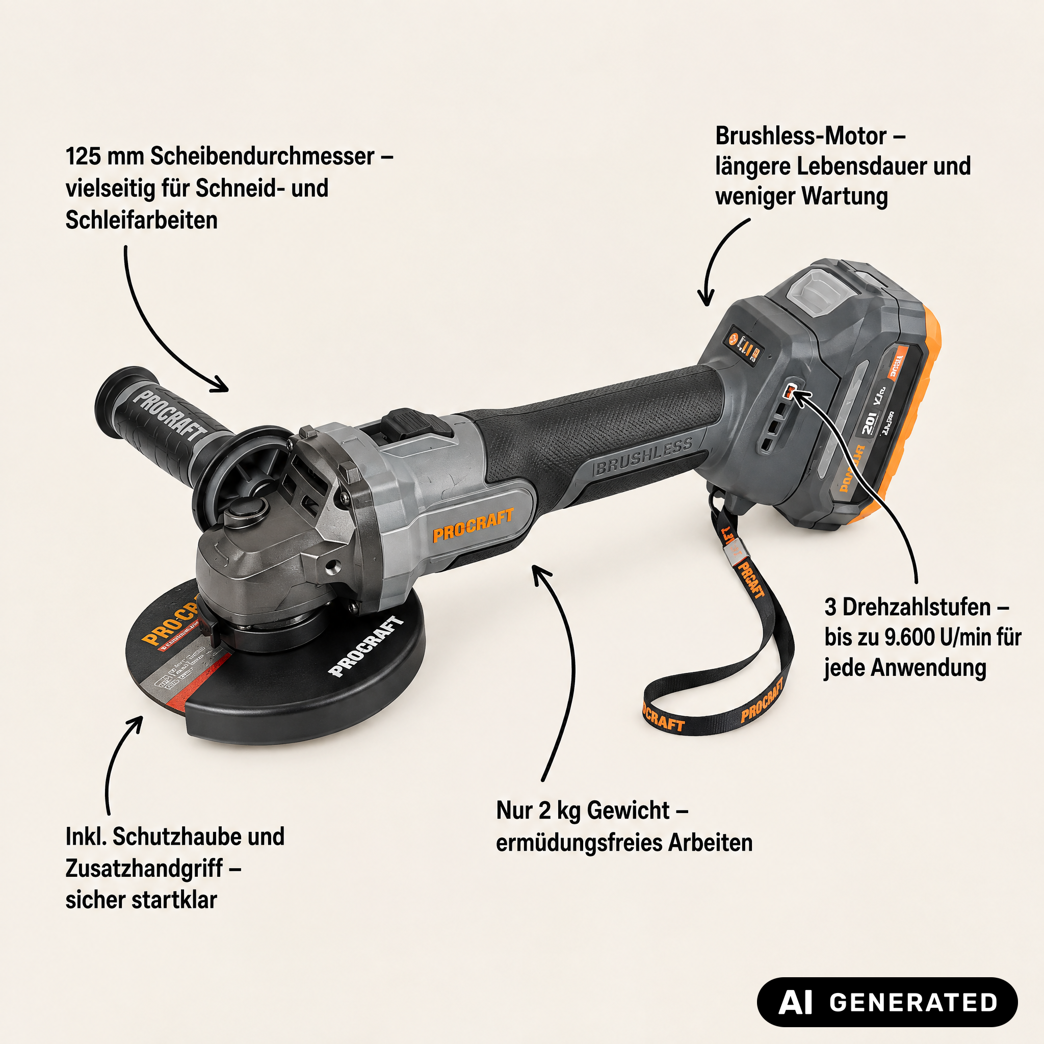 Procraft Industrial AG125Abb Amoladora angular a batería 20 V 125 mm Brushless Solo - sin batería, sin cargador