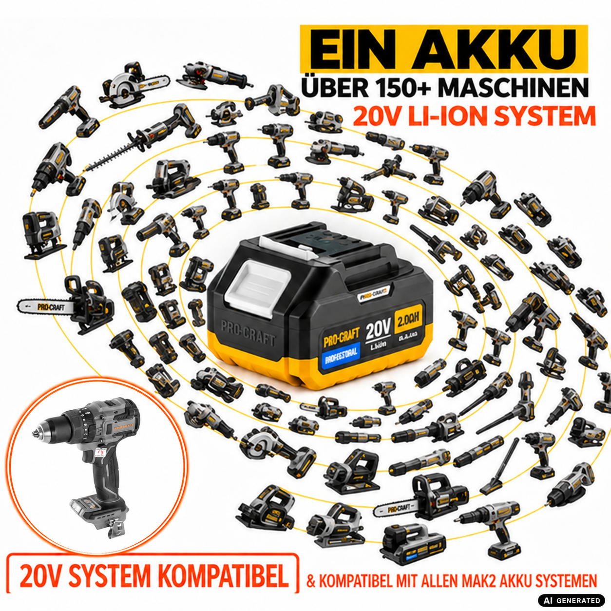 Taladro atornillador a batería Procraft Industrial CD20B-BB de 20 V y 150 Nm sin escobillas + 1 batería de 4,0 Ah + cargador + maletín RHINO