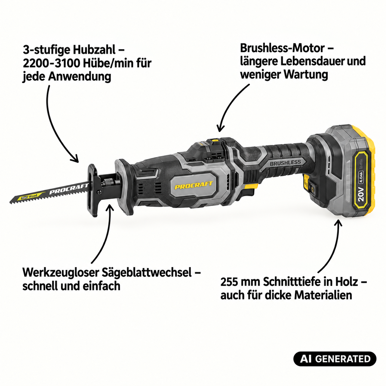 Sierra recíproca Procraft Industrial RS20Abb 20 V sin escobillas + 1 batería de 2,0 Ah, sin cargador