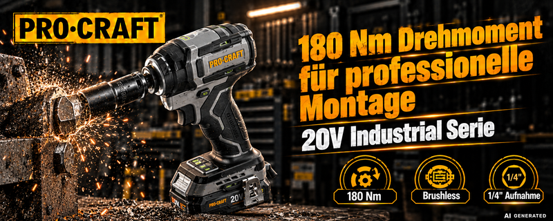 Procraft ID20Abb Atornillador de impacto a batería 20 V 180 Nm 1/4" + 2x batería 4,0 Ah + cargador